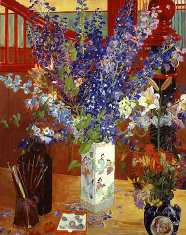 Red Stable with Blue Delphiniums