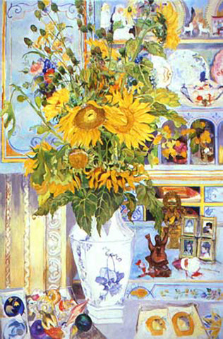 Sunflowers and Blue Desk